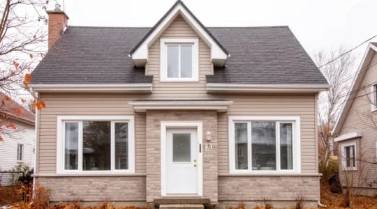 Façade extérieure maison québécoise typique avec cadres de fenêtres visibles