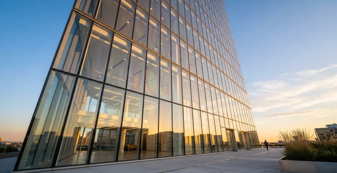 Façade en verre trempé d'un bâtiment moderne avec effets de lumière révélant la structure cristalline du vitrage