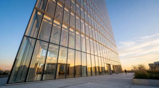 Façade en verre trempé d'un bâtiment moderne avec effets de lumière révélant la structure cristalline du vitrage