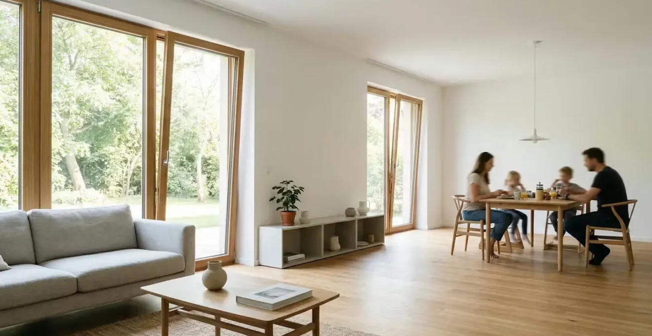 Famille dans un salon lumineux avec fenêtres oscillo-battantes sécurisées