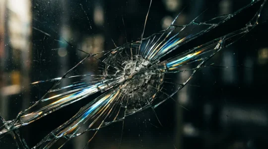 Vue rapprochée d'une fenêtre moderne avec vitrage renforcé montrant des reflets lumineux et une structure solide