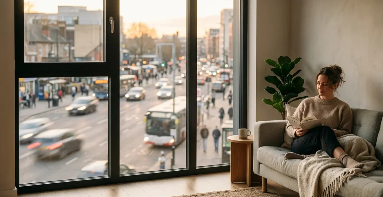 Vue intérieure d'un salon avec fenêtre acoustique moderne donnant sur une rue animée mais silencieuse