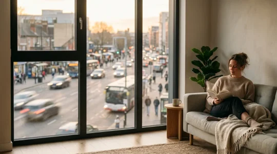 Vue intérieure d'un salon avec fenêtre acoustique moderne donnant sur une rue animée mais silencieuse