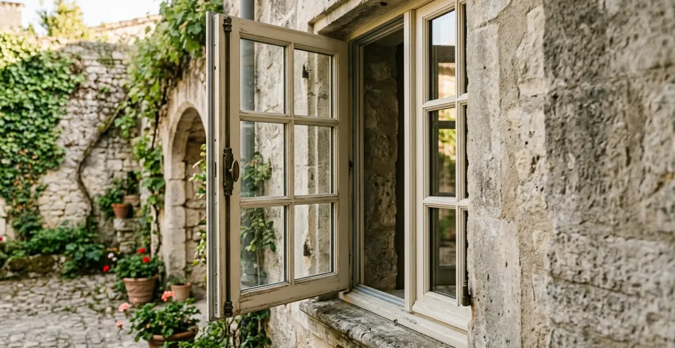 Fenêtre à la française en bois avec double vitrage dans un bâtiment historique en pierre de taille, vue latérale montrant l'épaisseur du vitrage et les détails patrimoniaux