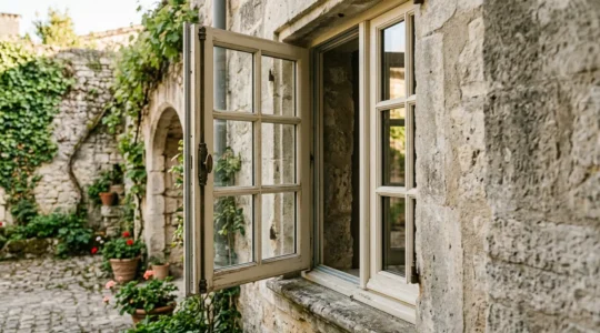 Fenêtre à la française en bois avec double vitrage dans un bâtiment historique en pierre de taille, vue latérale montrant l'épaisseur du vitrage et les détails patrimoniaux
