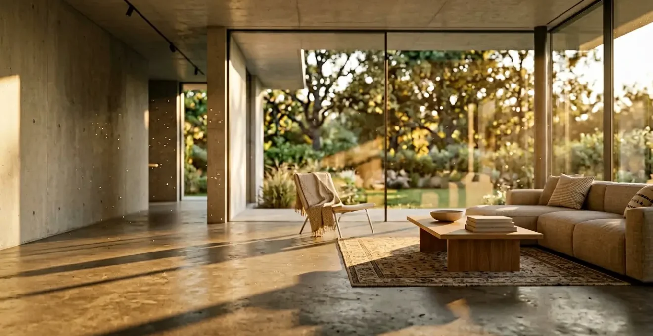 Salon moderne baigné de lumière naturelle avec fenêtre à ouvrant caché