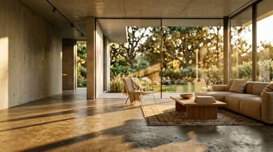 Salon moderne baigné de lumière naturelle avec fenêtre à ouvrant caché