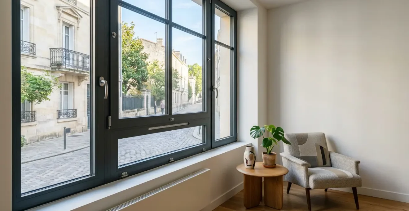 Fenêtre moderne avec dispositif de sécurité et système d'aération dans un intérieur lumineux