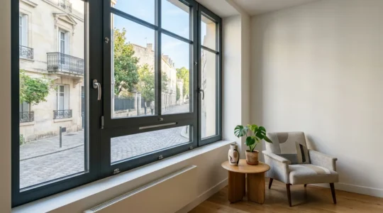 Fenêtre moderne avec dispositif de sécurité et système d'aération dans un intérieur lumineux