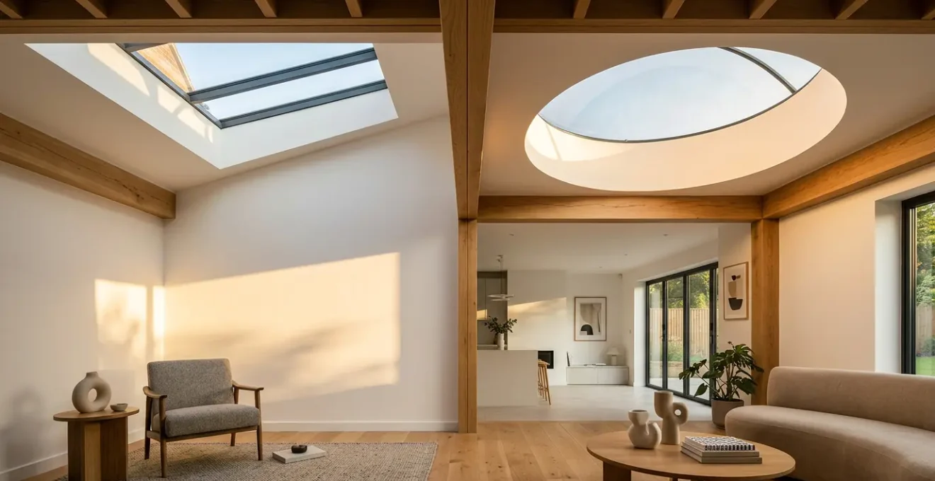 Vue comparative d'une extension moderne avec fenêtre de toit plat et coupole, baignée de lumière naturelle