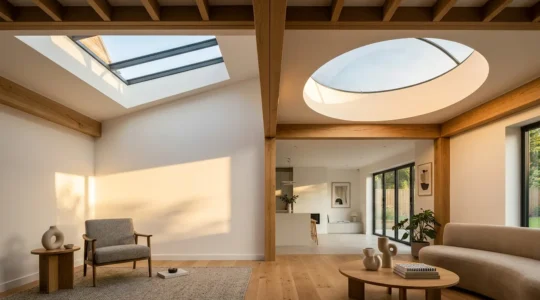 Vue comparative d'une extension moderne avec fenêtre de toit plat et coupole, baignée de lumière naturelle