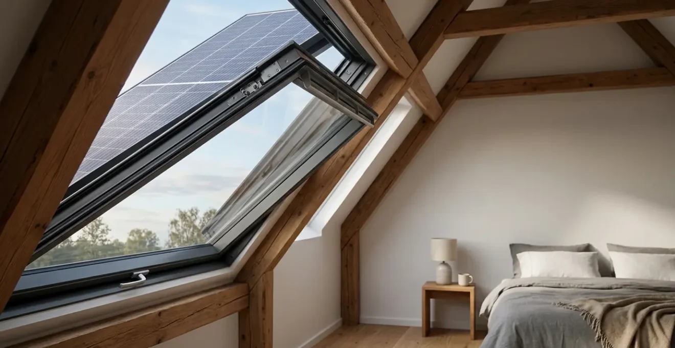 Fenêtre de toit solaire avec panneau photovoltaïque intégré dans des combles modernes baignés de lumière naturelle