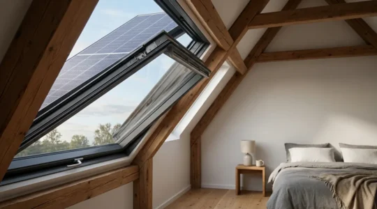 Fenêtre de toit solaire avec panneau photovoltaïque intégré dans des combles modernes baignés de lumière naturelle