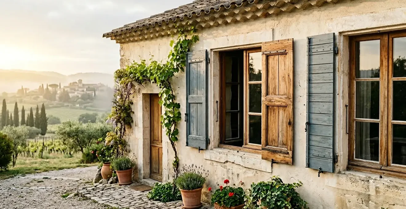 Façade de maison française avec fenêtres en bois massif au soleil matinal