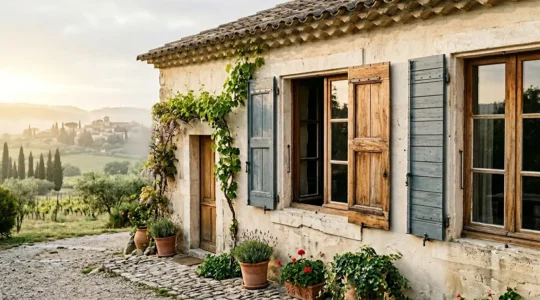 Façade de maison française avec fenêtres en bois massif au soleil matinal