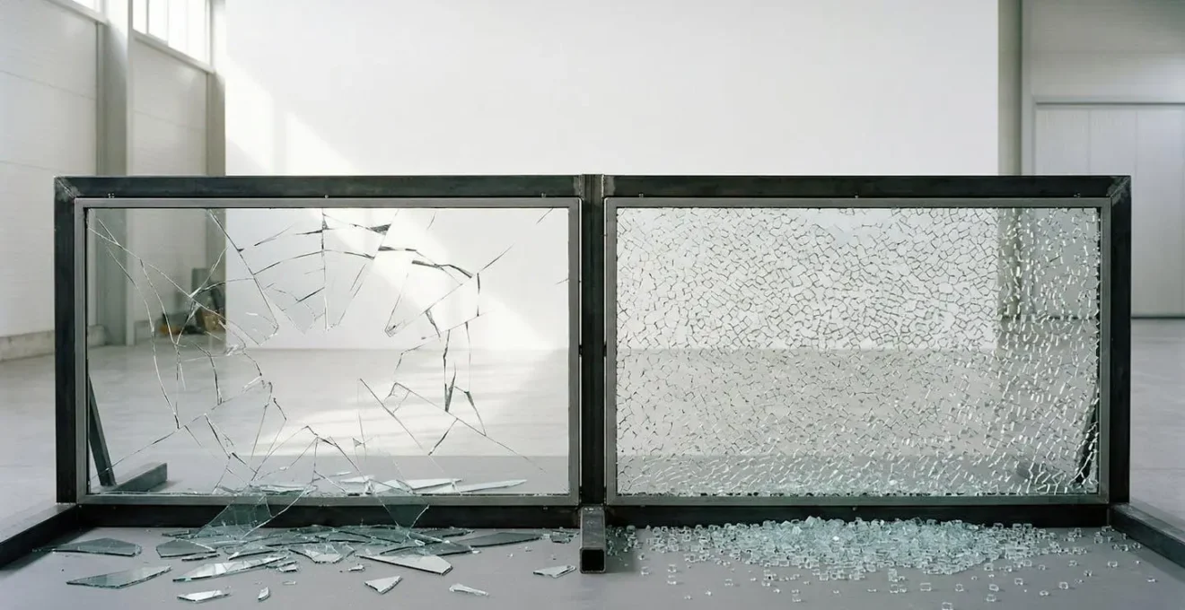 Comparaison visuelle entre la fragmentation d'un verre standard et d'un verre trempé