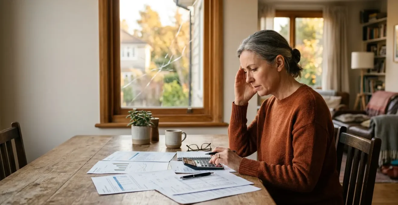Personne comparant documents d'assurance et calculatrice devant fenêtre fissurée
