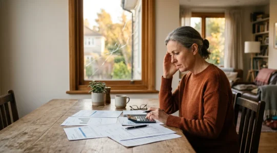 Personne comparant documents d'assurance et calculatrice devant fenêtre fissurée