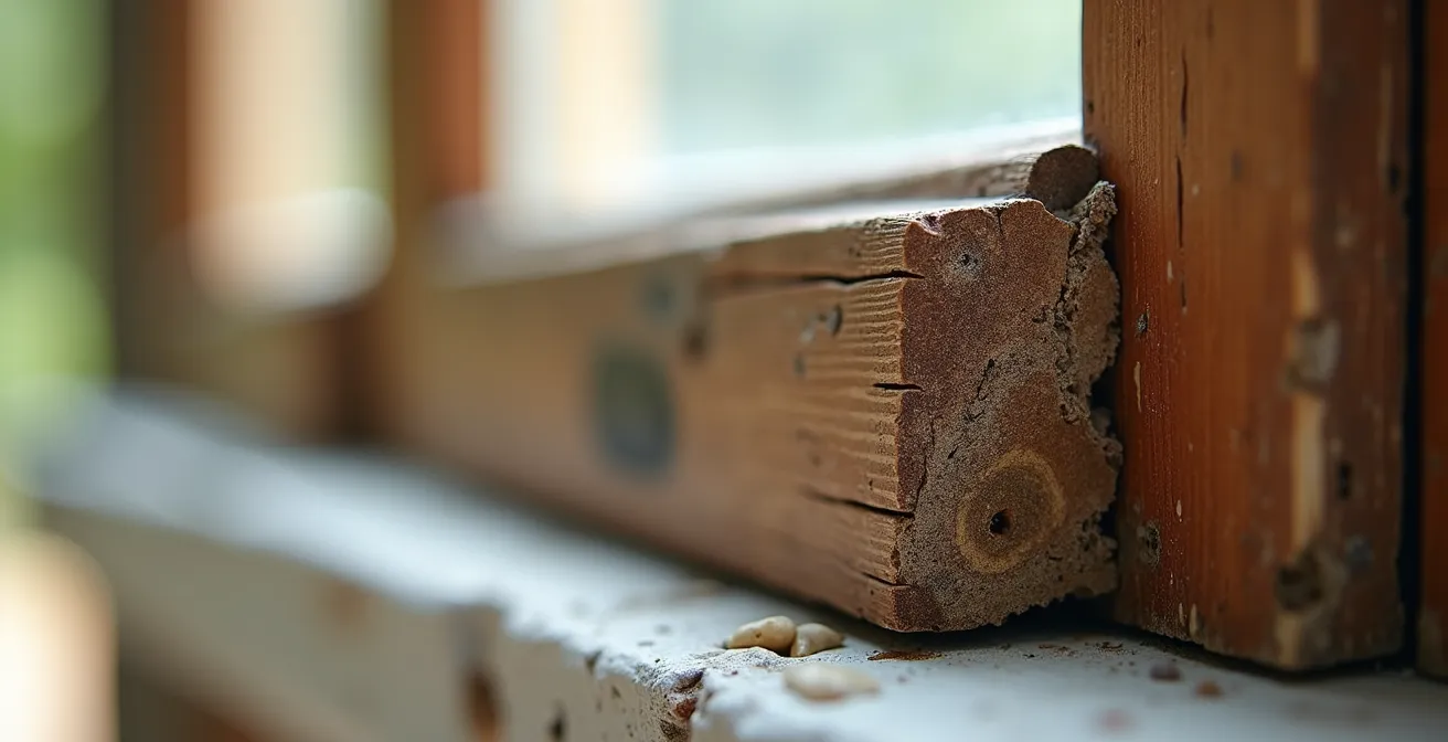 Vue en coupe détaillée montrant l'habillage d'un dormant existant avec différents matériaux de finition