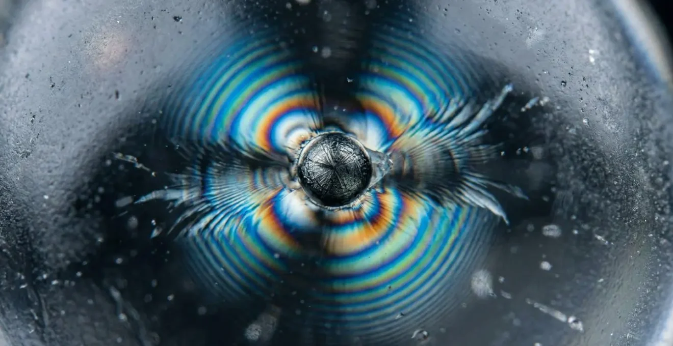 Vue macro d'une inclusion de sulfure de nickel dans du verre montrant la structure cristalline microscopique