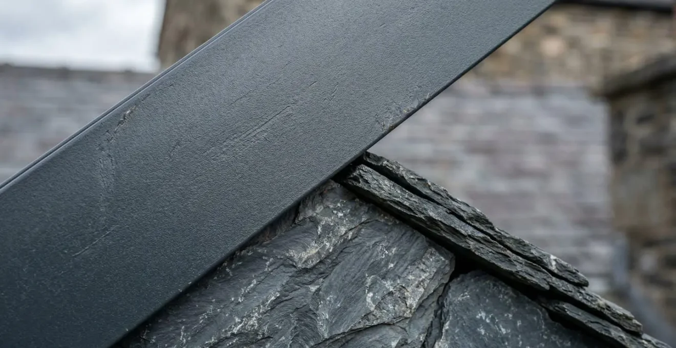 Vue d'ensemble montrant l'intégration harmonieuse d'une fenêtre de toit anthracite dans un environnement architectural traditionnel