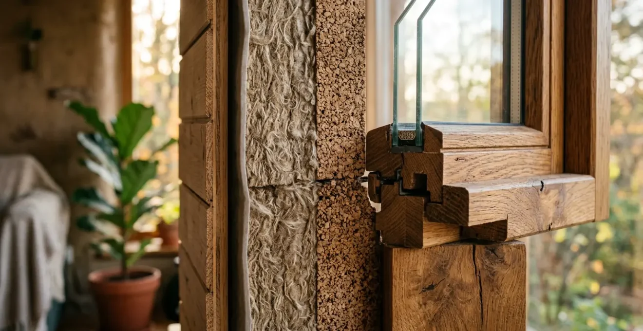 Vue en coupe d'une fenêtre en bois avec isolation biosourcée périphérique en chanvre et liège