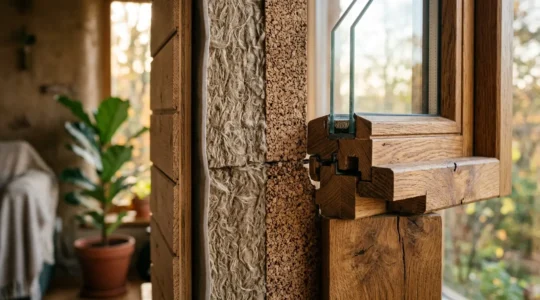 Vue en coupe d'une fenêtre en bois avec isolation biosourcée périphérique en chanvre et liège