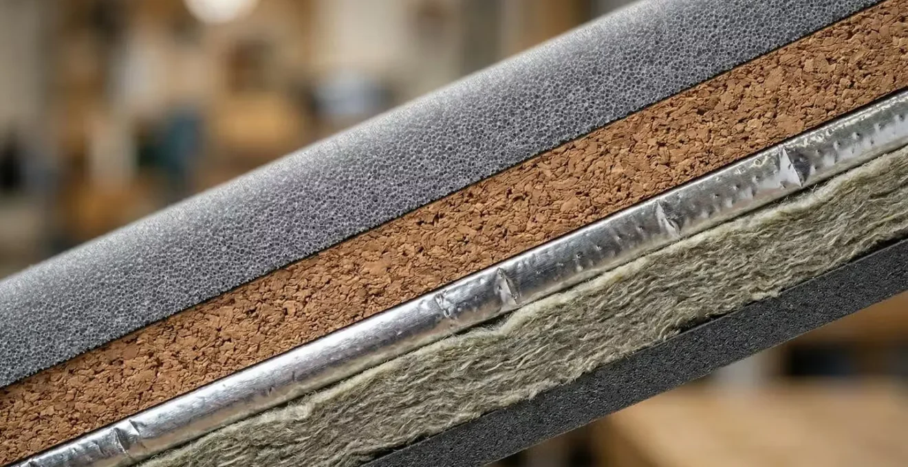 Coupe transversale d'un coffre de volet avec différents matériaux d'isolation acoustique visibles