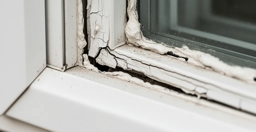 Gros plan calfeutrage détérioré autour cadre fenêtre avec fissures visibles