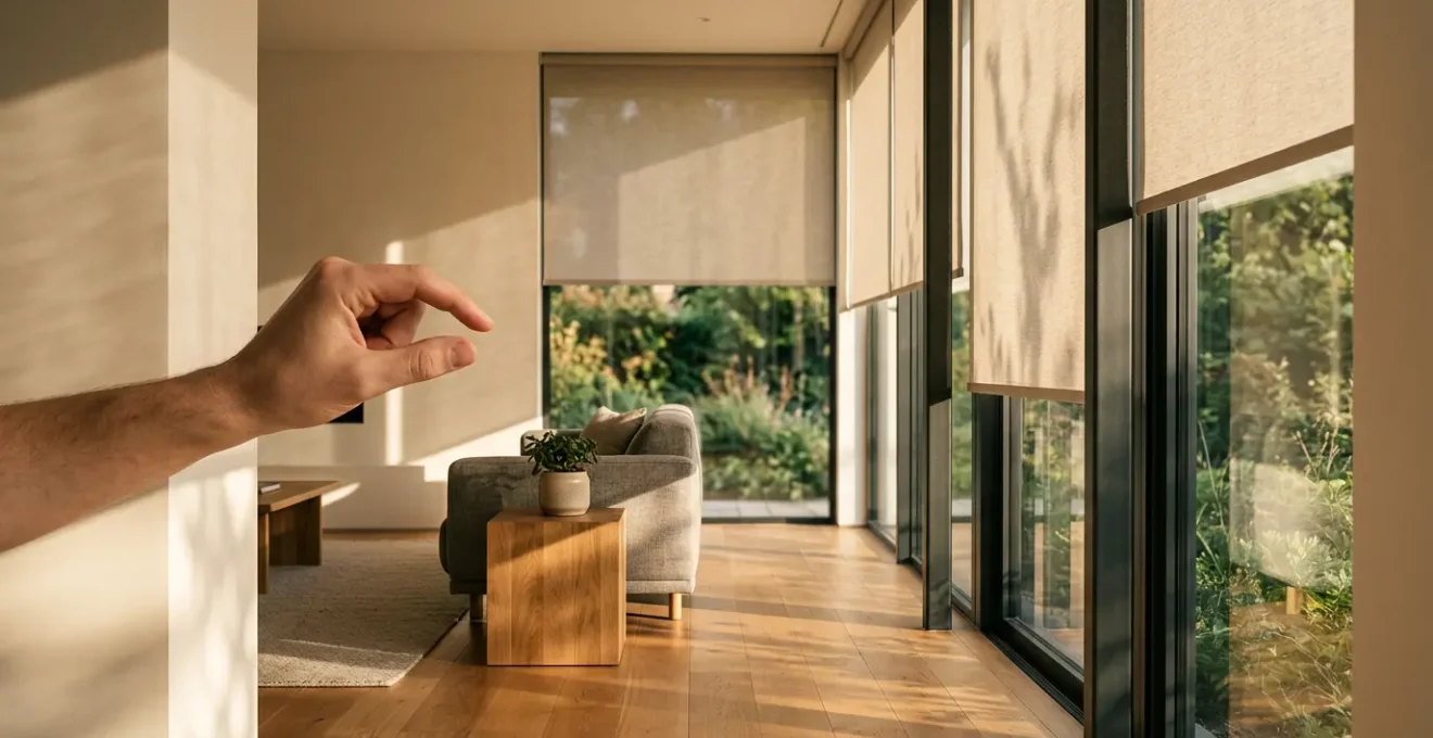 Salon moderne avec volets automatisés contrôlés depuis une application mobile