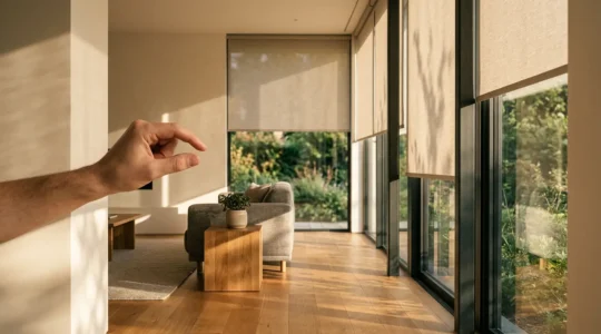 Salon moderne avec volets automatisés contrôlés depuis une application mobile