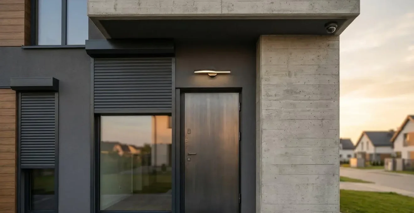 Façade de maison avec porte blindée neuve, volets roulants métalliques et système de sécurité visible, symbolisant la protection renforcée