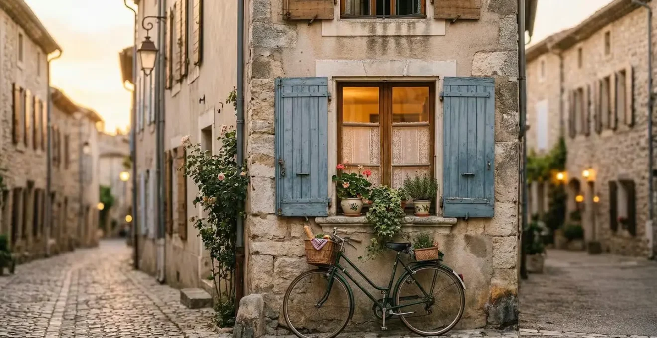 Façade de maison avec volets partiellement ouverts suggérant une présence