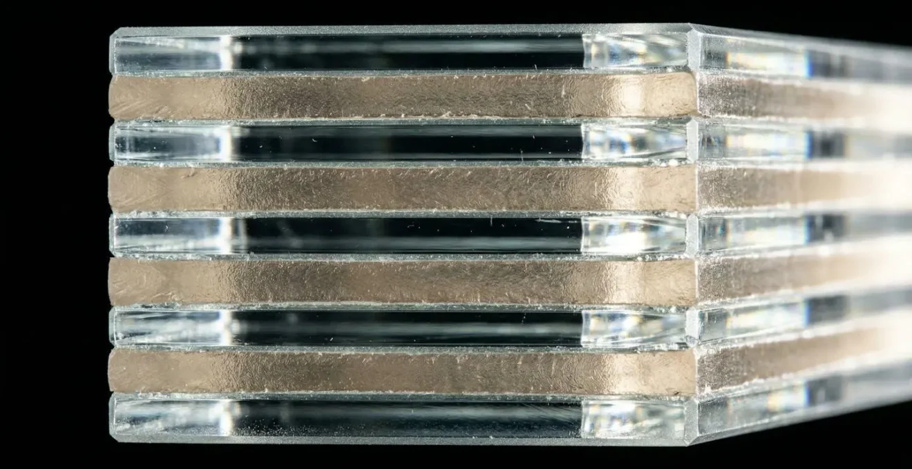 Coupe transversale d'un vitrage pare-balles montrant les couches de verre et polycarbonate