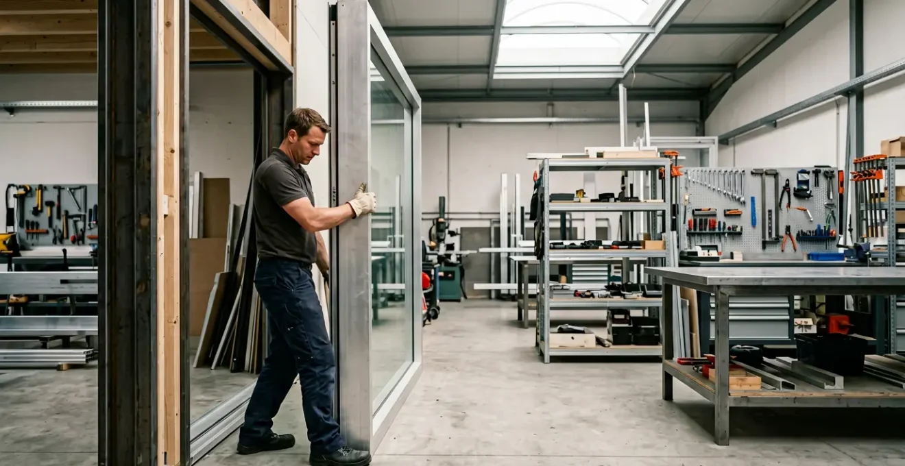Installation technique d'une fenêtre aluminium avec triple vitrage dans un atelier spécialisé