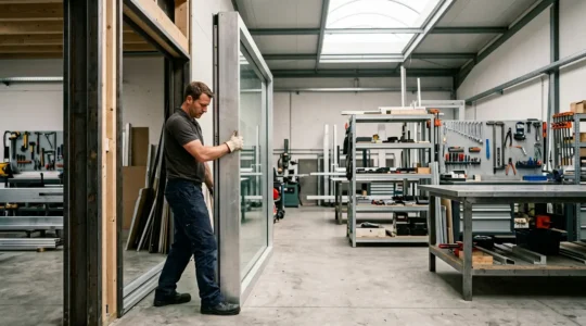 Installation technique d'une fenêtre aluminium avec triple vitrage dans un atelier spécialisé