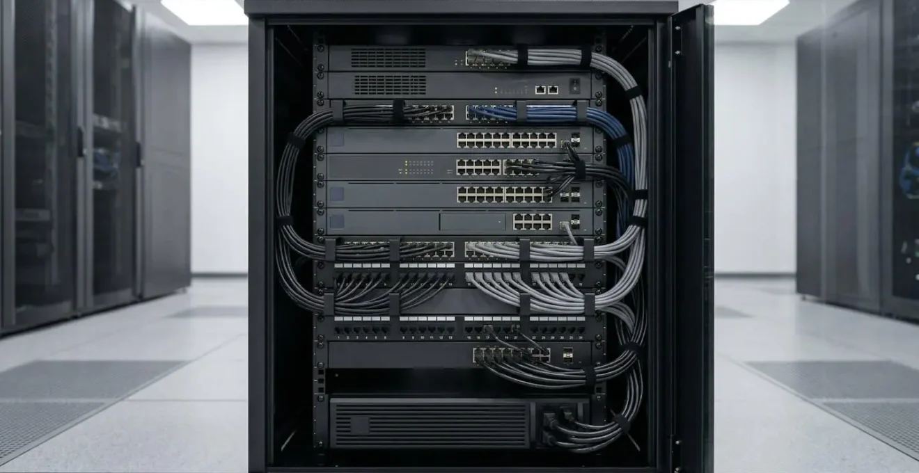 Installation technique montrant un onduleur connecté à une box domotique dans une armoire réseau