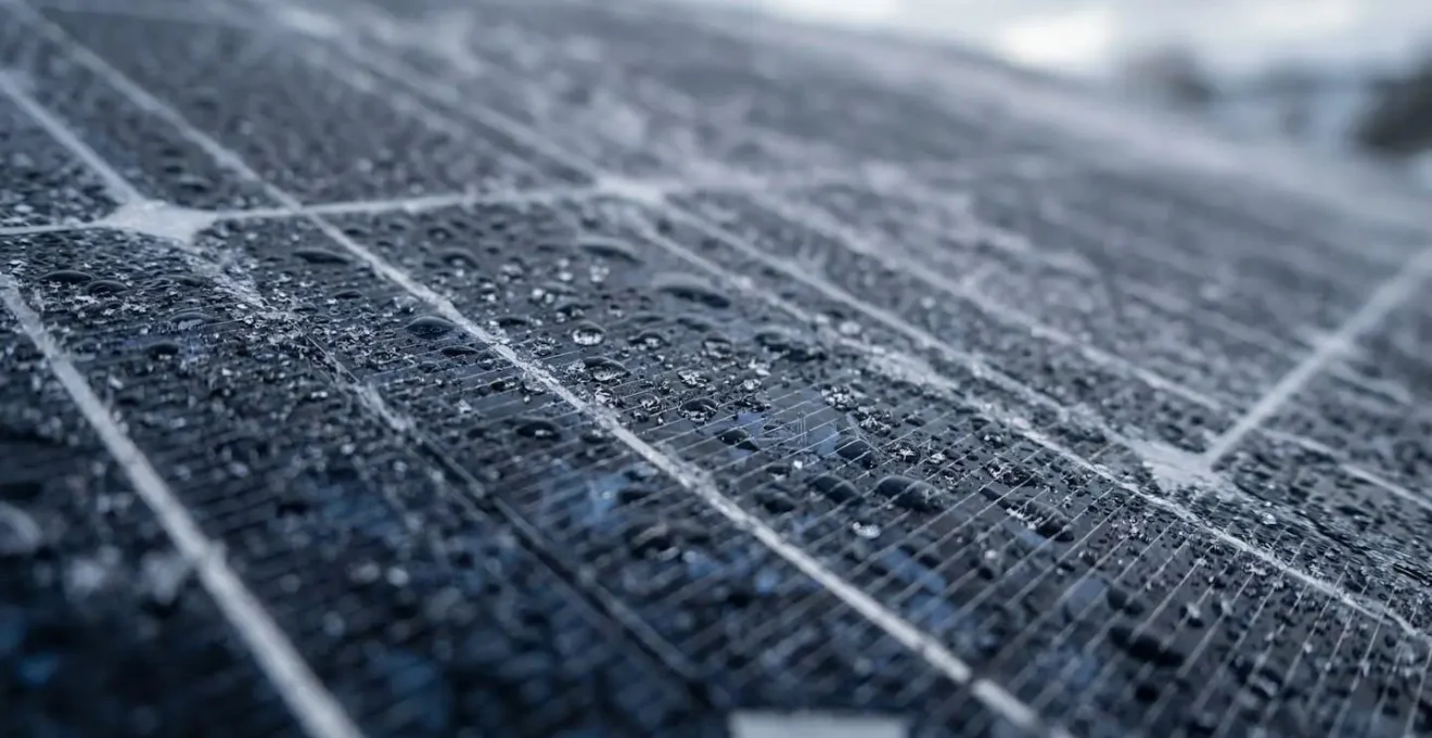 Panneau solaire sur volet côté nord captant la lumière diffuse hivernale