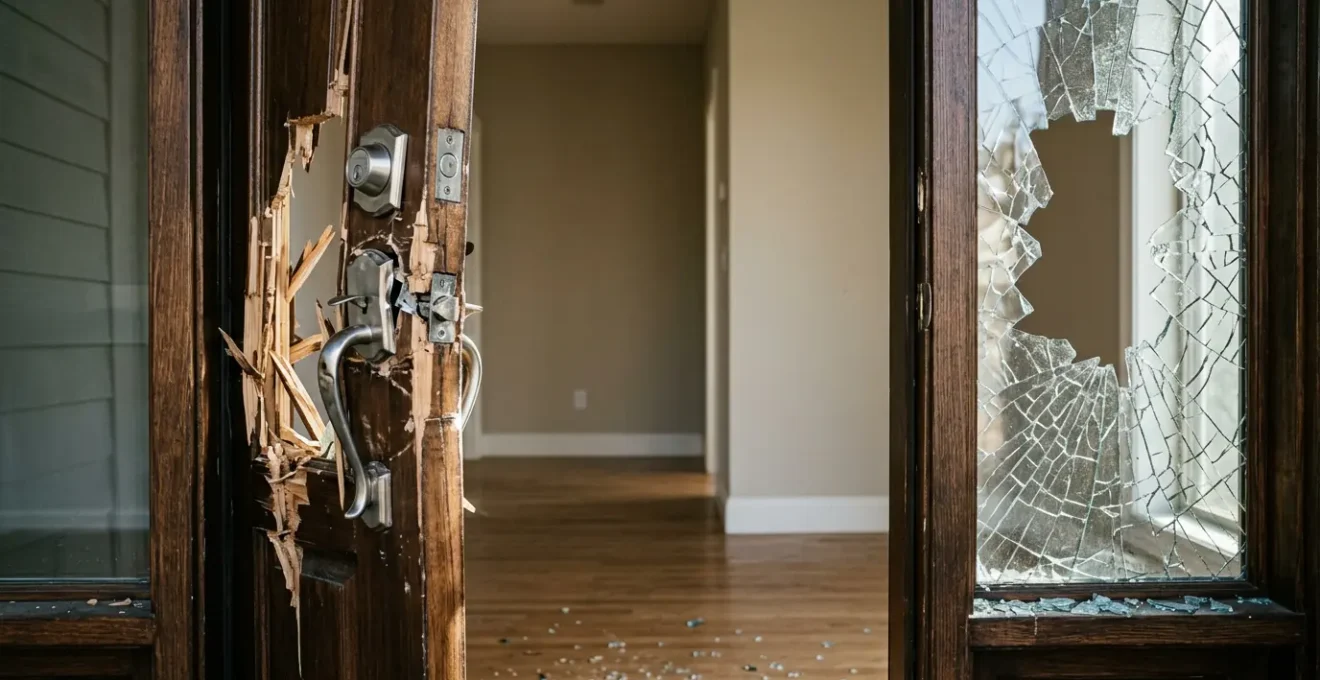 Vue frontale d'une porte d'entrée endommagée avec serrure fracturée et fenêtre adjacente brisée, montrant les conséquences d'une tentative d'effraction