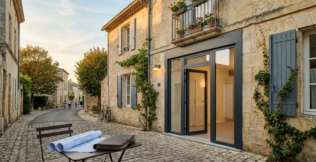 Vue extérieure d'une maison avec nouvelle porte-fenêtre moderne et documents administratifs sur une table