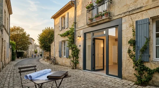 Vue extérieure d'une maison avec nouvelle porte-fenêtre moderne et documents administratifs sur une table