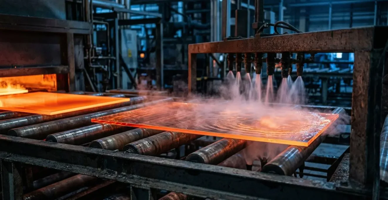 Four industriel de trempe du verre avec jets d'air de refroidissement en action