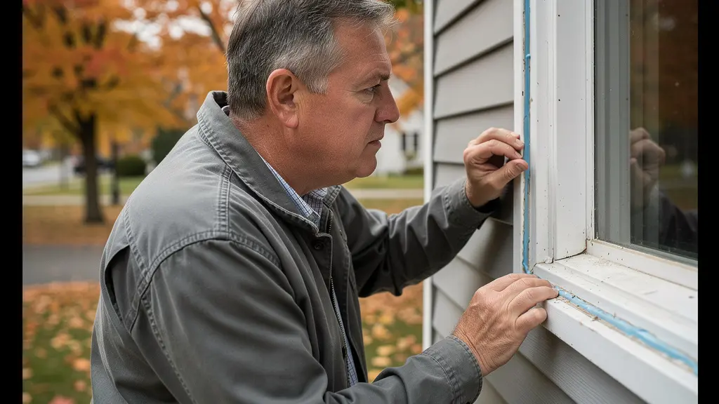 Propriétaire québécois inspectant l'état du calfeutrage de sa fenêtre extérieure