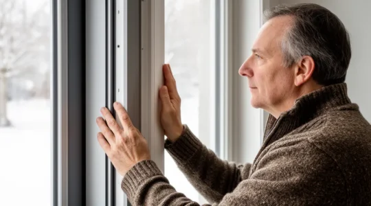 Propriétaire québécois inspectant le cadre de sa porte d'entrée isolante en hiver