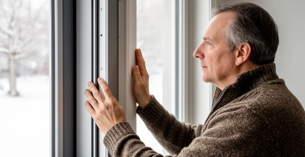 Propriétaire québécois inspectant le cadre de sa porte d'entrée isolante en hiver