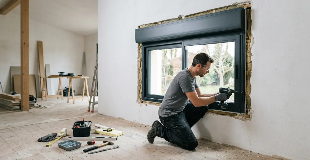 Vue d'ensemble d'une fenêtre moderne avec volet roulant intégré en cours d'installation dans un intérieur lumineux