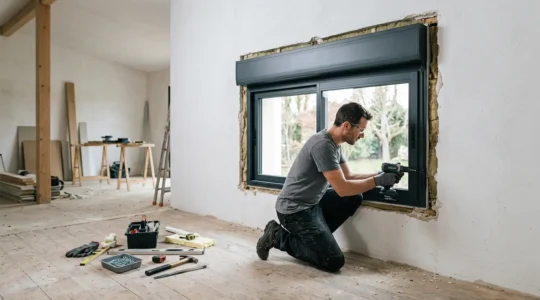 Vue d'ensemble d'une fenêtre moderne avec volet roulant intégré en cours d'installation dans un intérieur lumineux