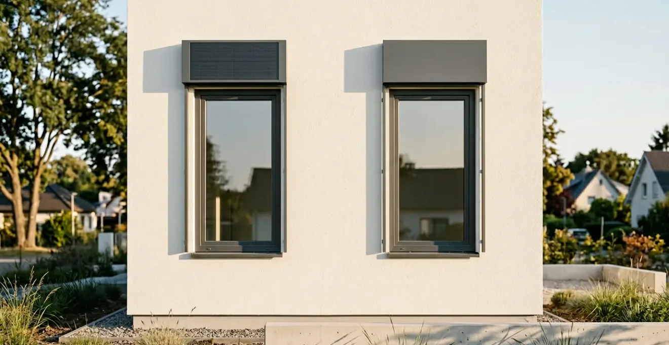 Vue comparative d'une fenêtre avec panneau solaire intégré et installation filaire discrète pour motorisation de volets