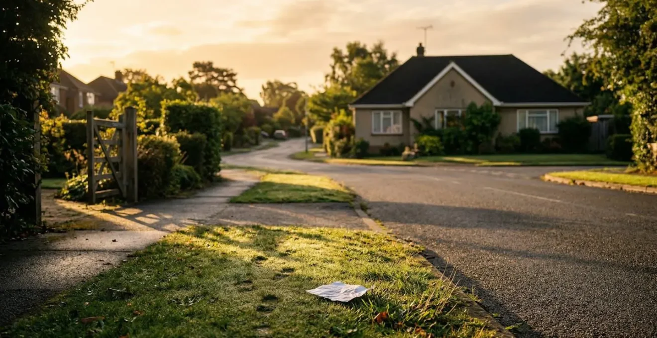 Vue d'une allée résidentielle calme avec des ombres suggérant une présence discrète
