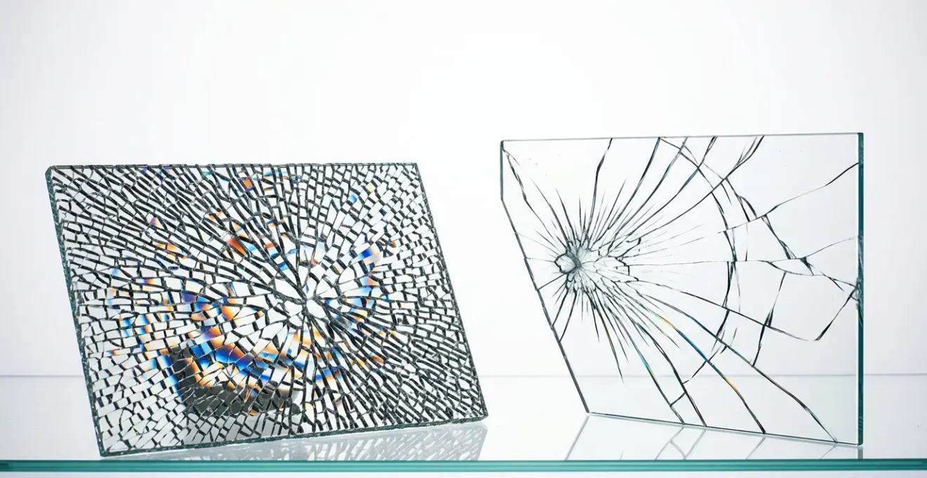 Vue microscopique montrant les contraintes internes de compression et tension dans un verre trempé